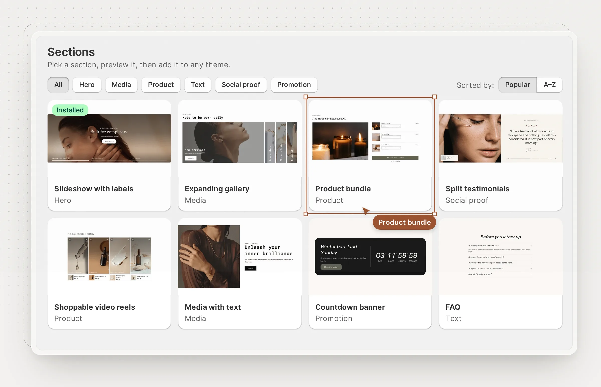 The Frontier section library, sorted by category, with slideshow, gallery, product bundle and testimonial sections