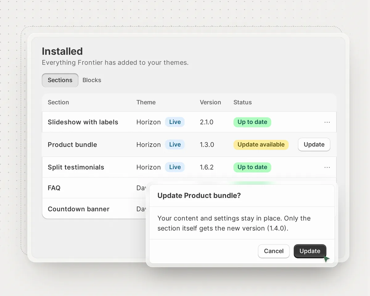 The Installed page listing added sections, with a one-click update dialog